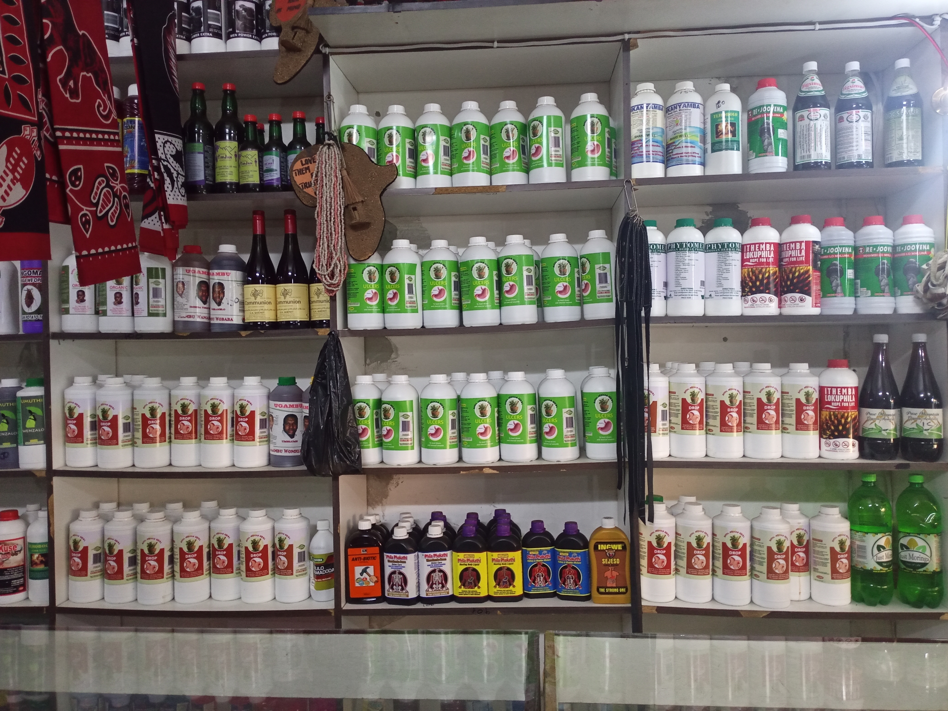 Herbal remedies on display shelves